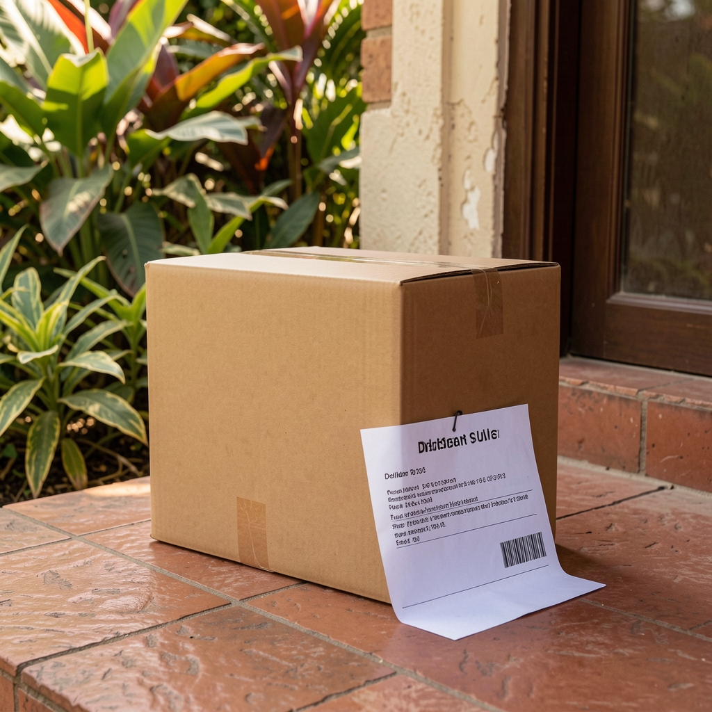 Courier parcel on a Durban doorstep with a delivery note and leafy garden in the background