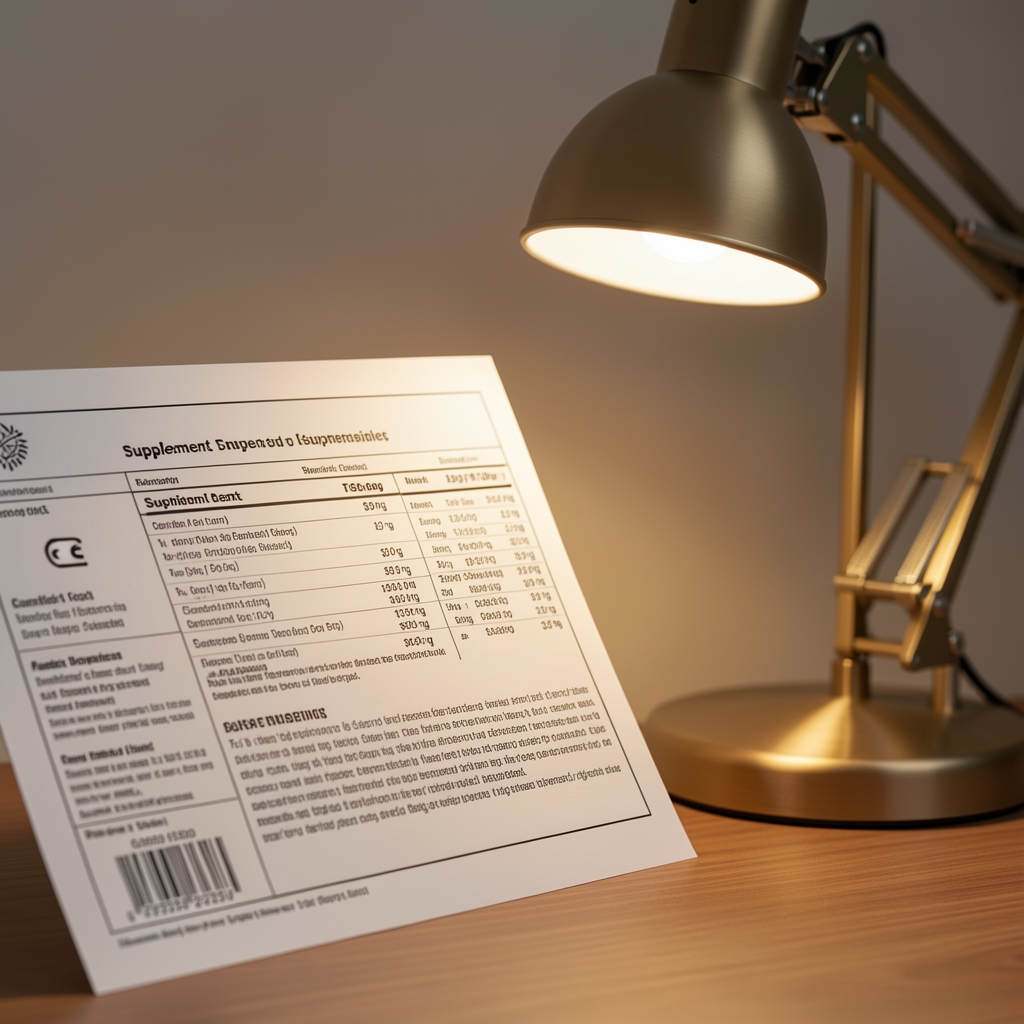 Close-up of a neatly printed supplement label being read beside a warm desk lamp