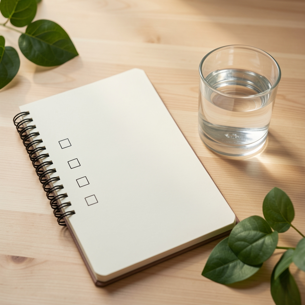 Notebook with a simple daily routine checklist beside a glass of water and green leaves