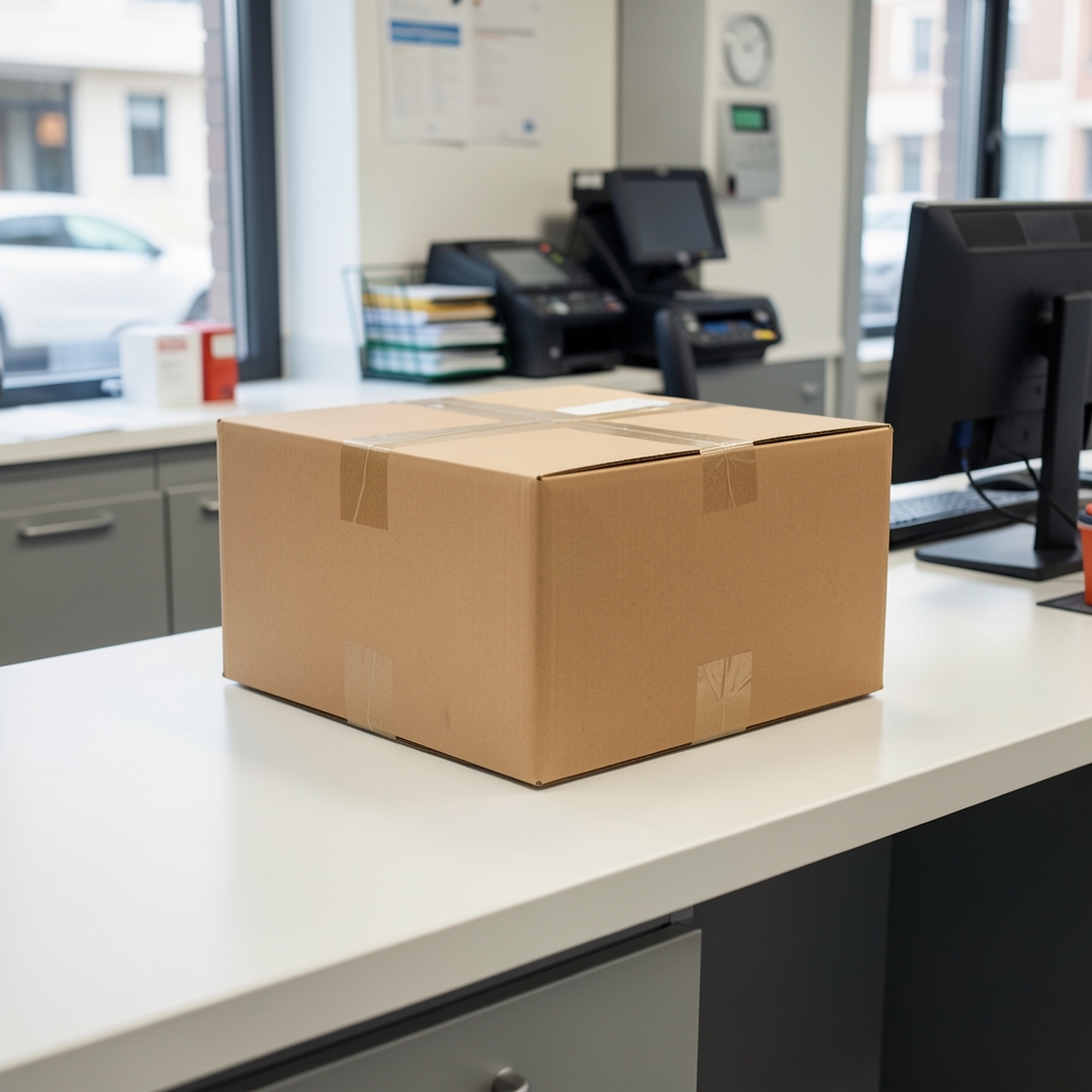 Courier parcel prepared for cash on delivery collection on a clean dispatch counter
