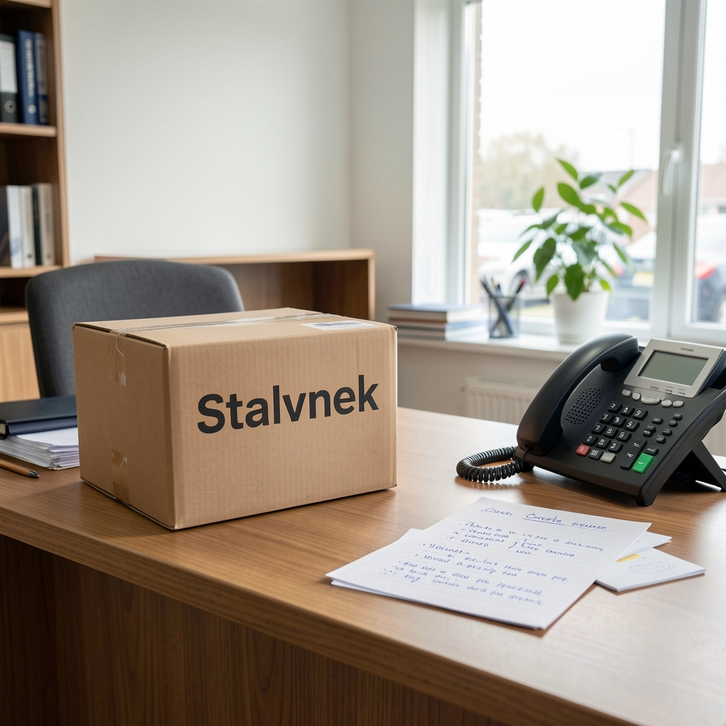 Friendly customer support desk with a Stalvnek parcel, telephone and handwritten order notes
