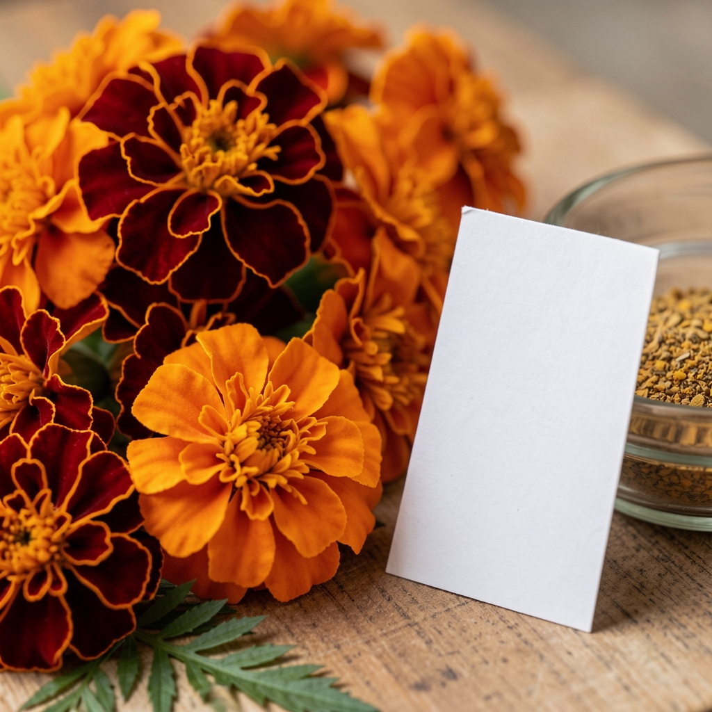 Close detail of the Vision Complete label beside marigold flowers and measured ingredients