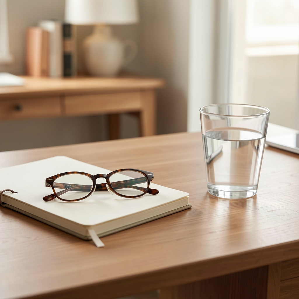 Vision Complete pack beside reading glasses, a notebook and a clear glass of water on a home desk