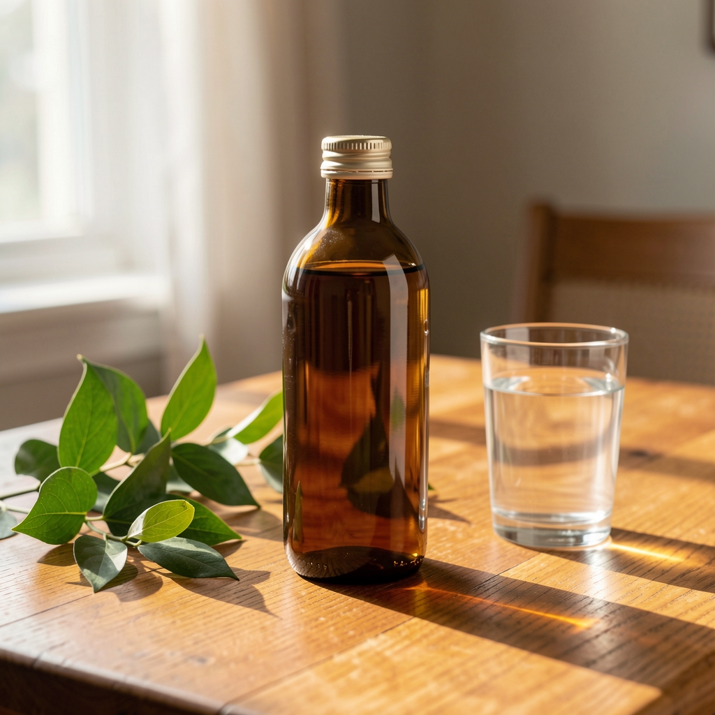 Vision Complete bottle displayed on a warm wooden table with green leaves, a water glass and soft morning light