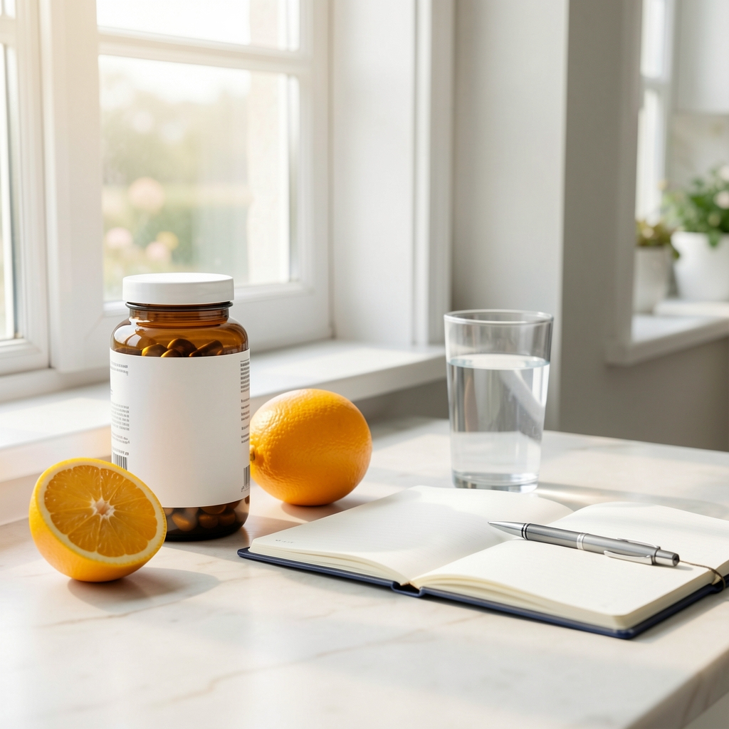 Bright home routine with a supplement bottle, citrus fruit, water and an open planner beside a window